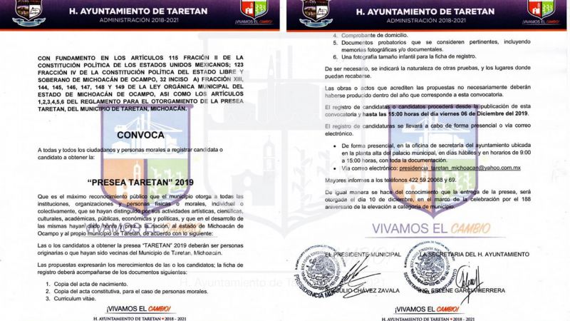 Convocatoria para la Presea Taretan 2019
