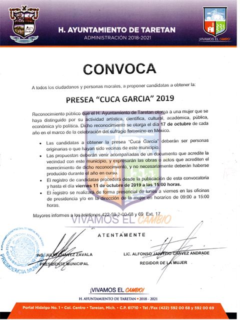 CONVOCATORIA para obtener la Presea "Cuca García 2019"